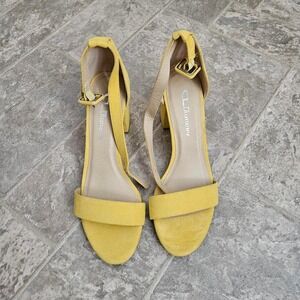 Yellow Suede Open Toe Strappy Block Heel Sandals Size 7.5 Comfort Retro